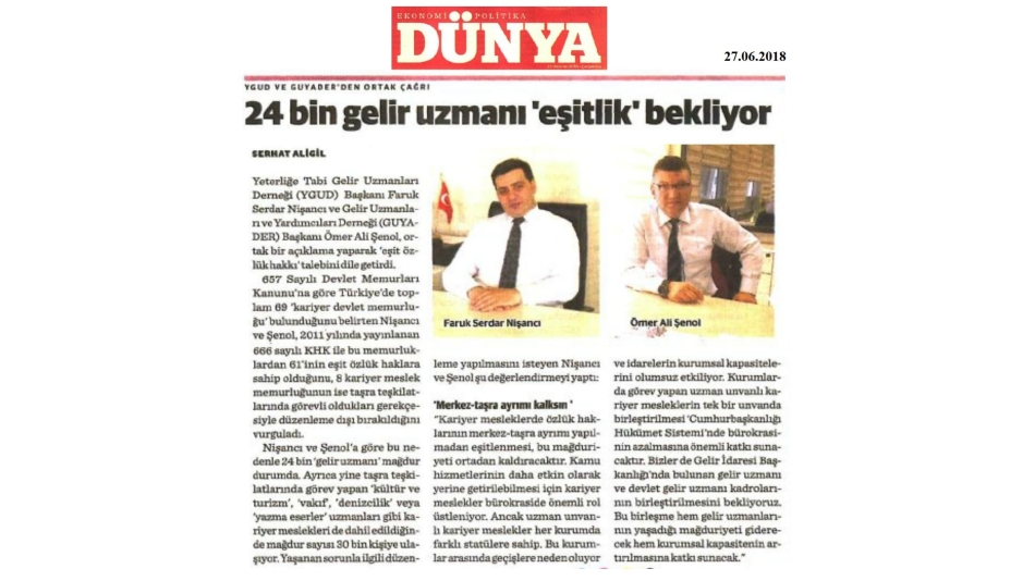 "24 Bin Gelir Uzmanı Eşitlik Bekliyor" (Muhtelif Gazeteler)